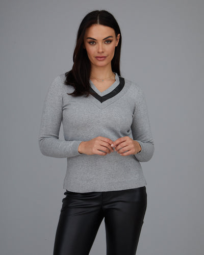 Leather Trim V-Neck Sweater: FINAL SALE
