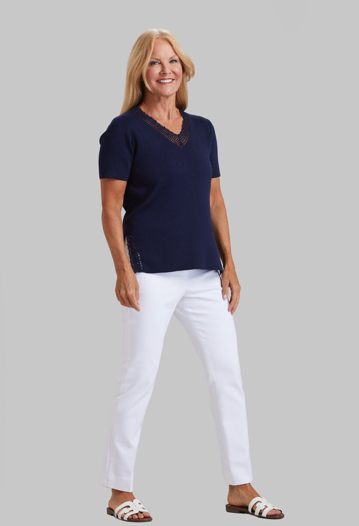 Crochet Detail Knit V-Neck