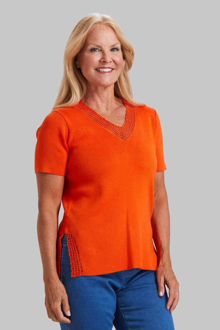 Crochet Detail Knit V-Neck