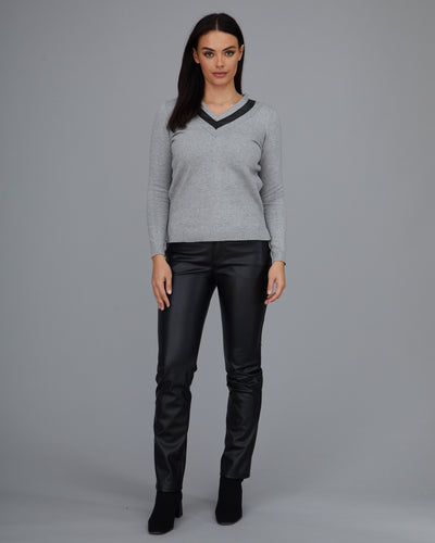 Leather Trim V-Neck Sweater: FINAL SALE