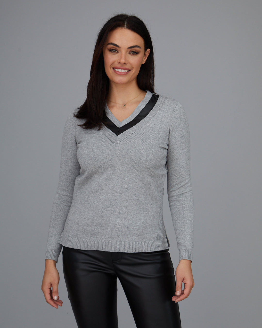Leather Trim V-Neck Sweater: FINAL SALE