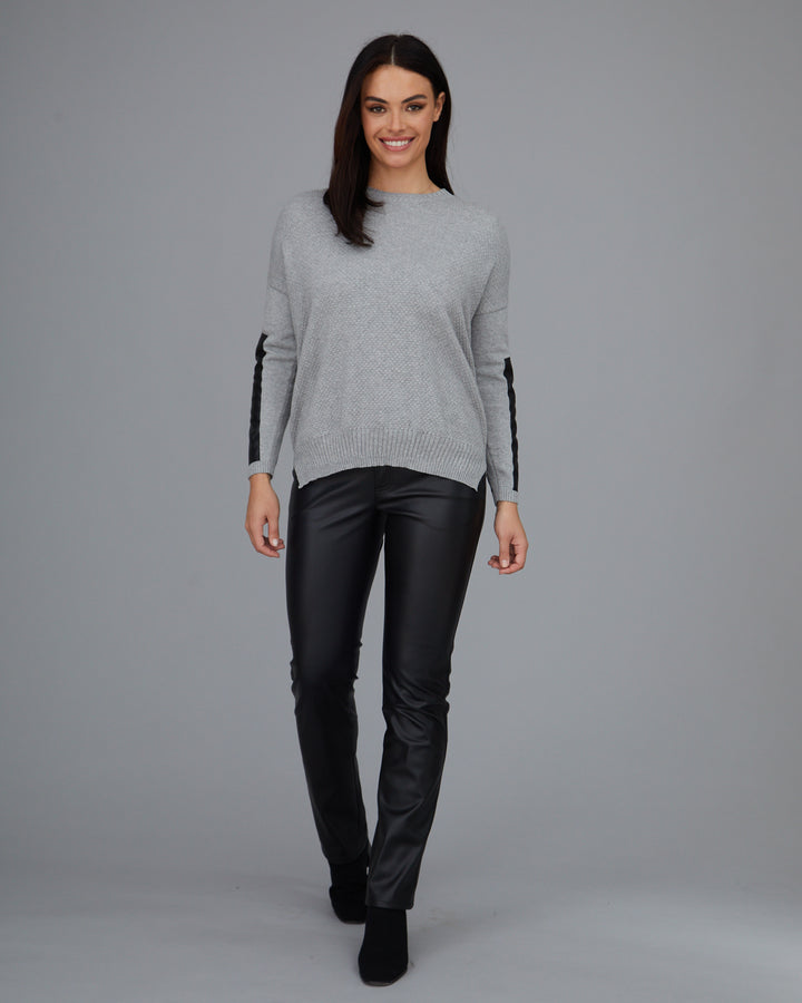 Crewneck Sweater - Leather Trim: FINAL SALE