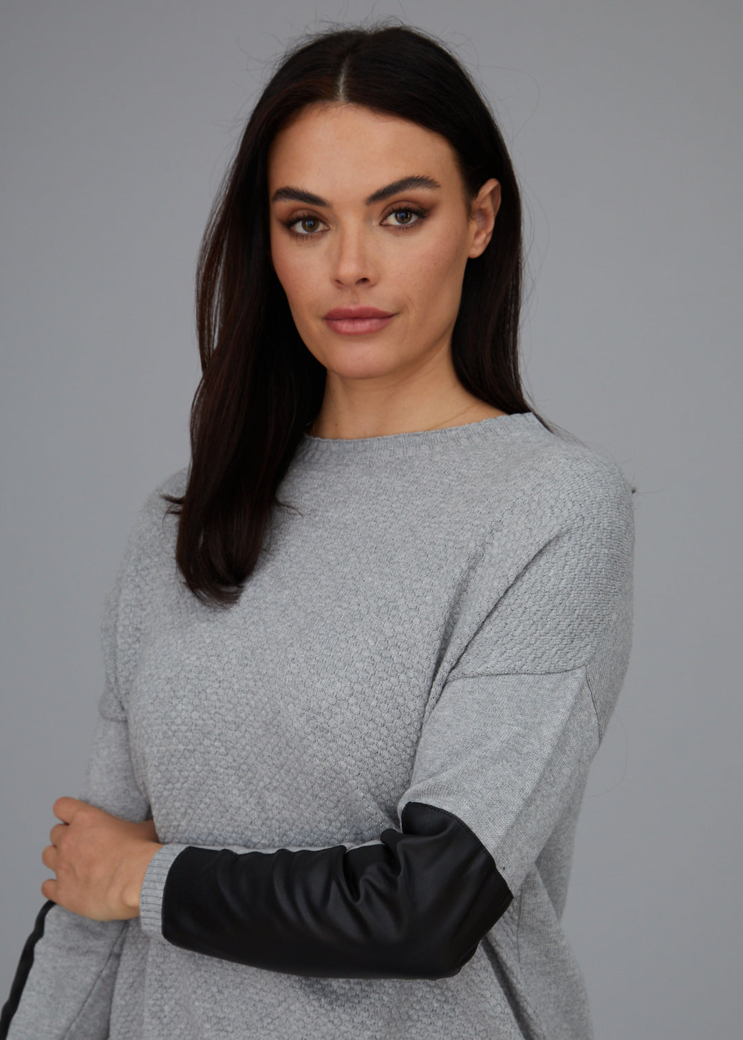 Crewneck Sweater - Leather Trim: FINAL SALE