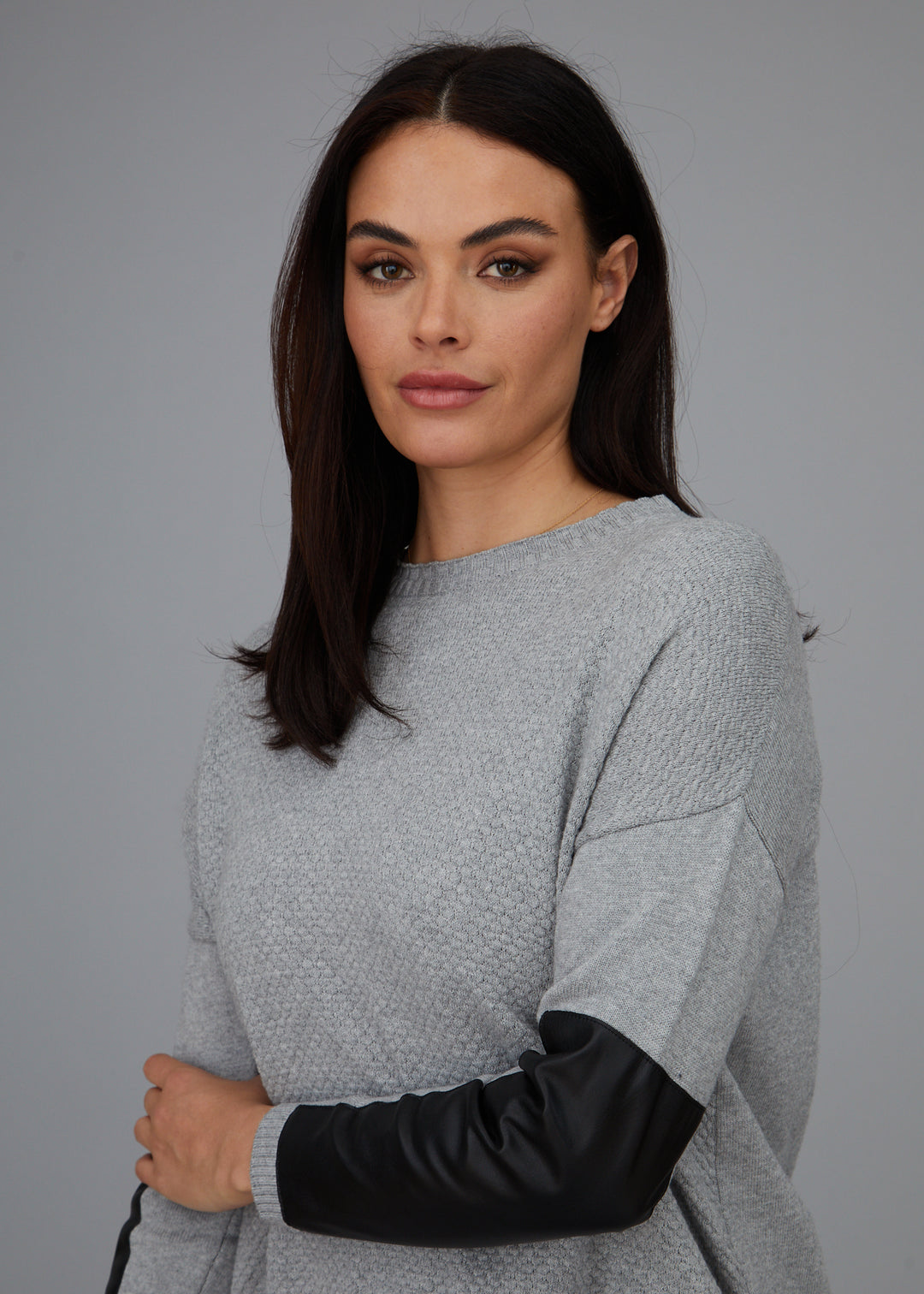 Crewneck Sweater - Leather Trim: FINAL SALE