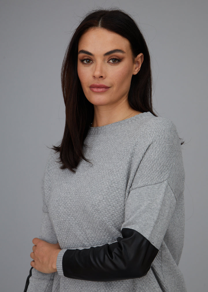 Crewneck Sweater - Leather Trim: FINAL SALE