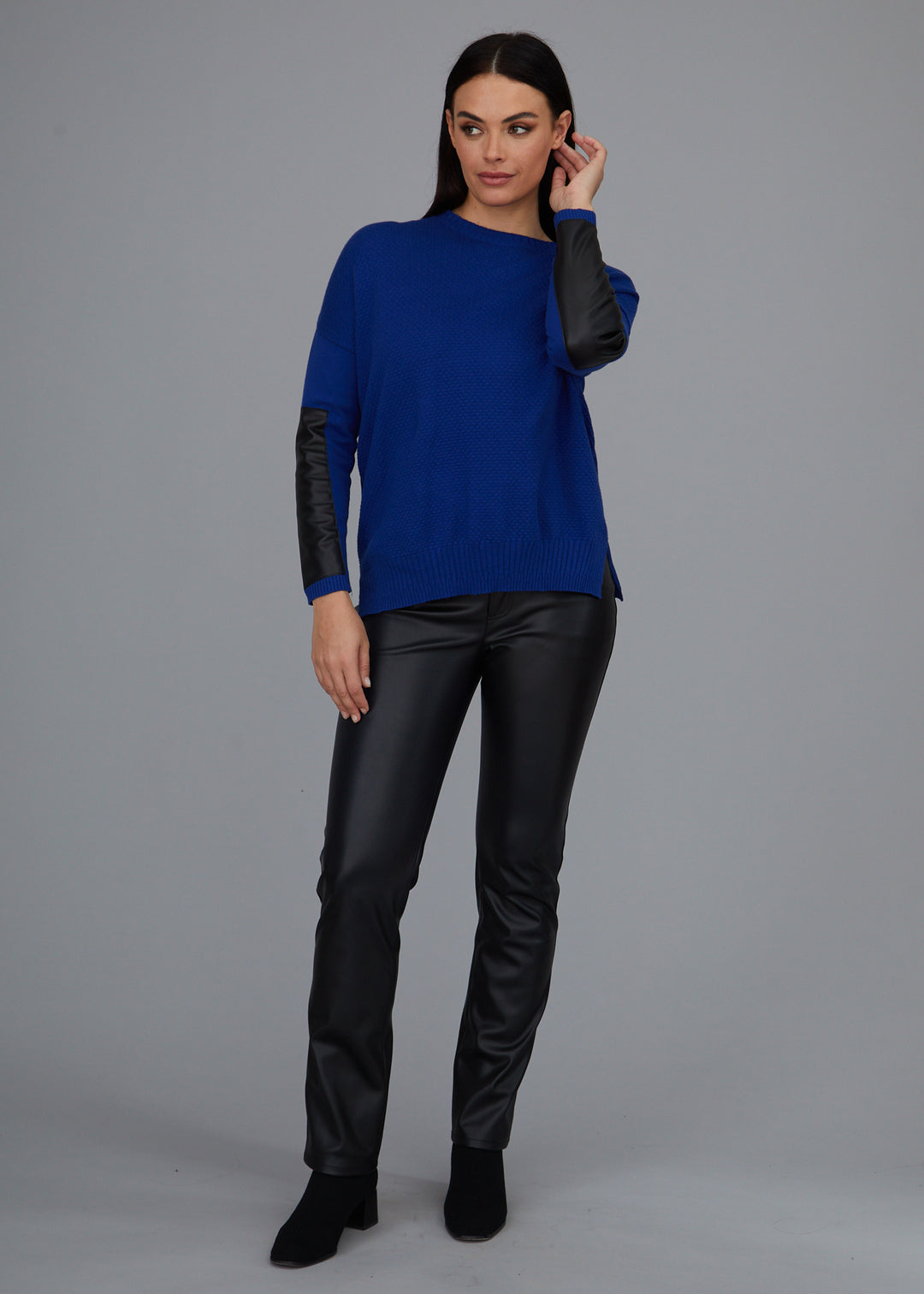 Crewneck Sweater - Leather Trim: FINAL SALE