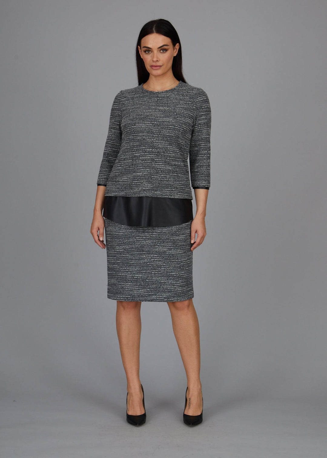 Dawn Hi-Low Crew -  Boucle Knit w/ Black Faux Leather Combo: FINAL SALE