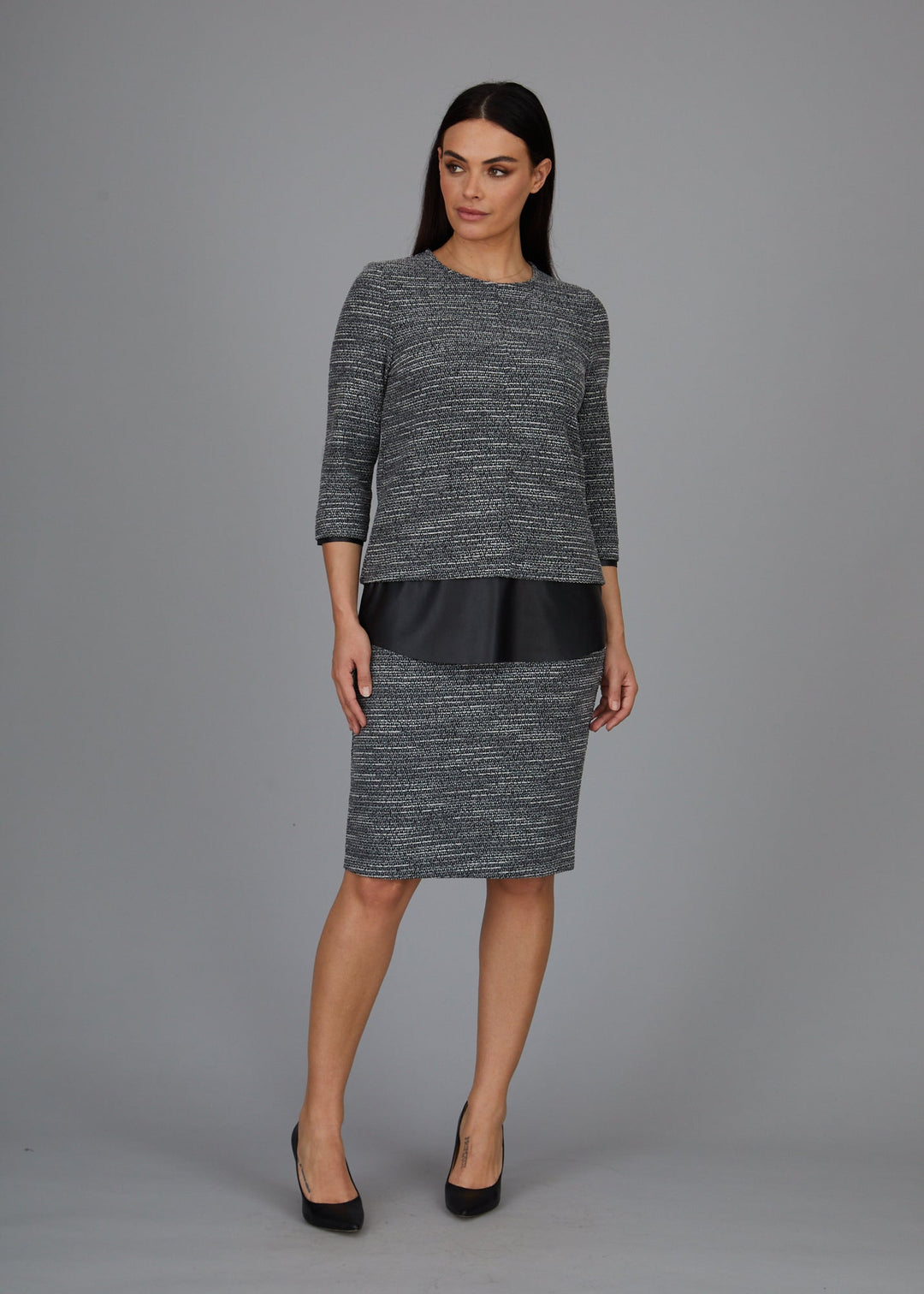 Dawn Hi-Low Crew -  Boucle Knit w/ Black Faux Leather Combo: FINAL SALE