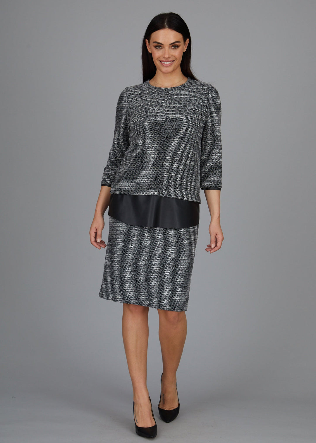 Dawn Hi-Low Crew -  Boucle Knit w/ Black Faux Leather Combo: FINAL SALE