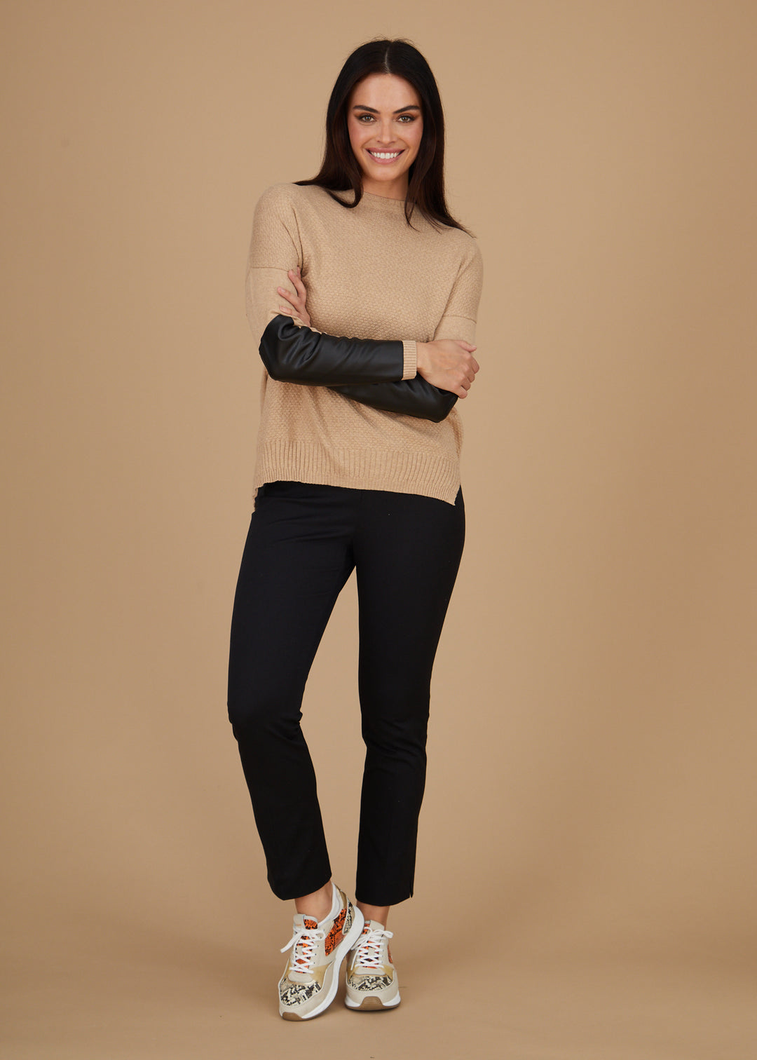 Crewneck Sweater - Leather Trim: FINAL SALE
