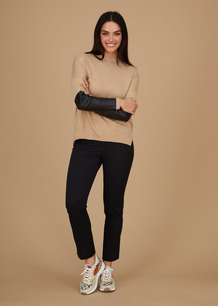 Crewneck Sweater - Leather Trim: FINAL SALE