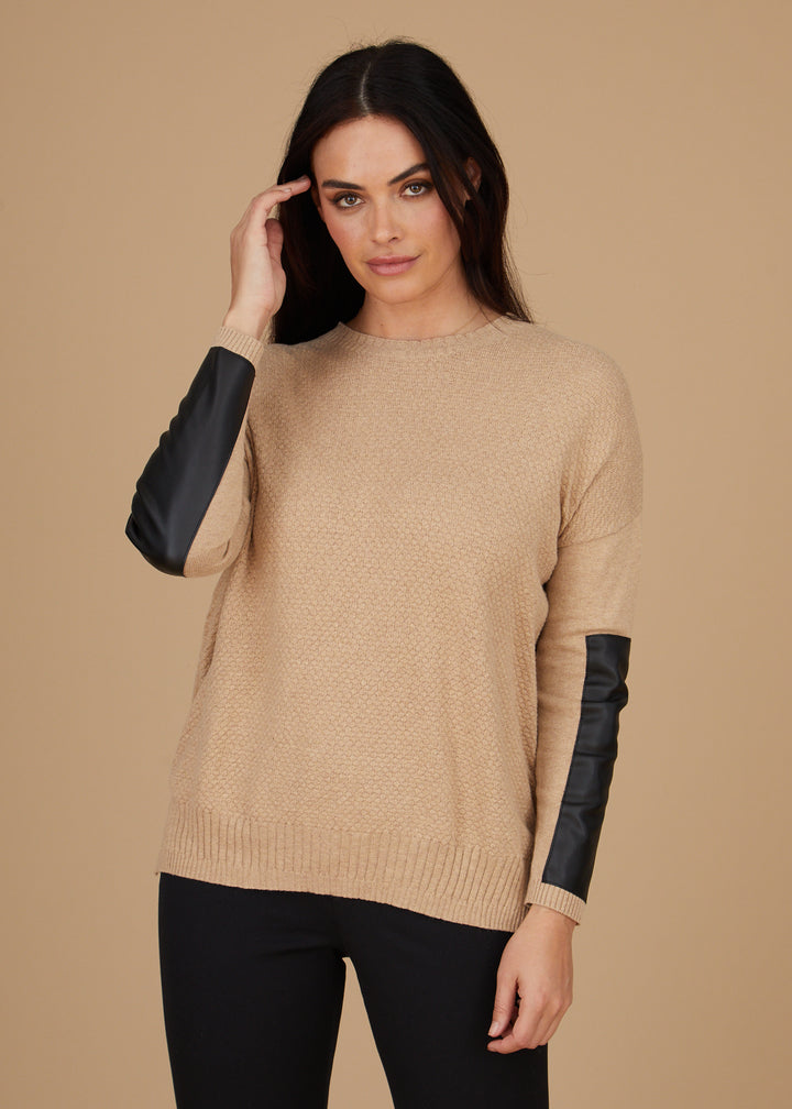 Crewneck Sweater - Leather Trim: FINAL SALE