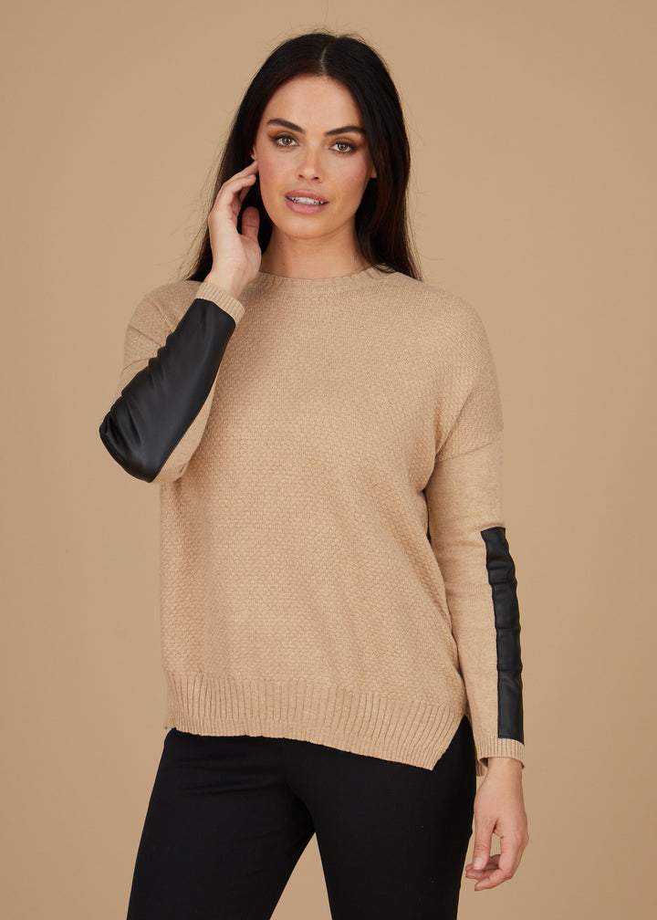 Crewneck Sweater - Leather Trim: FINAL SALE