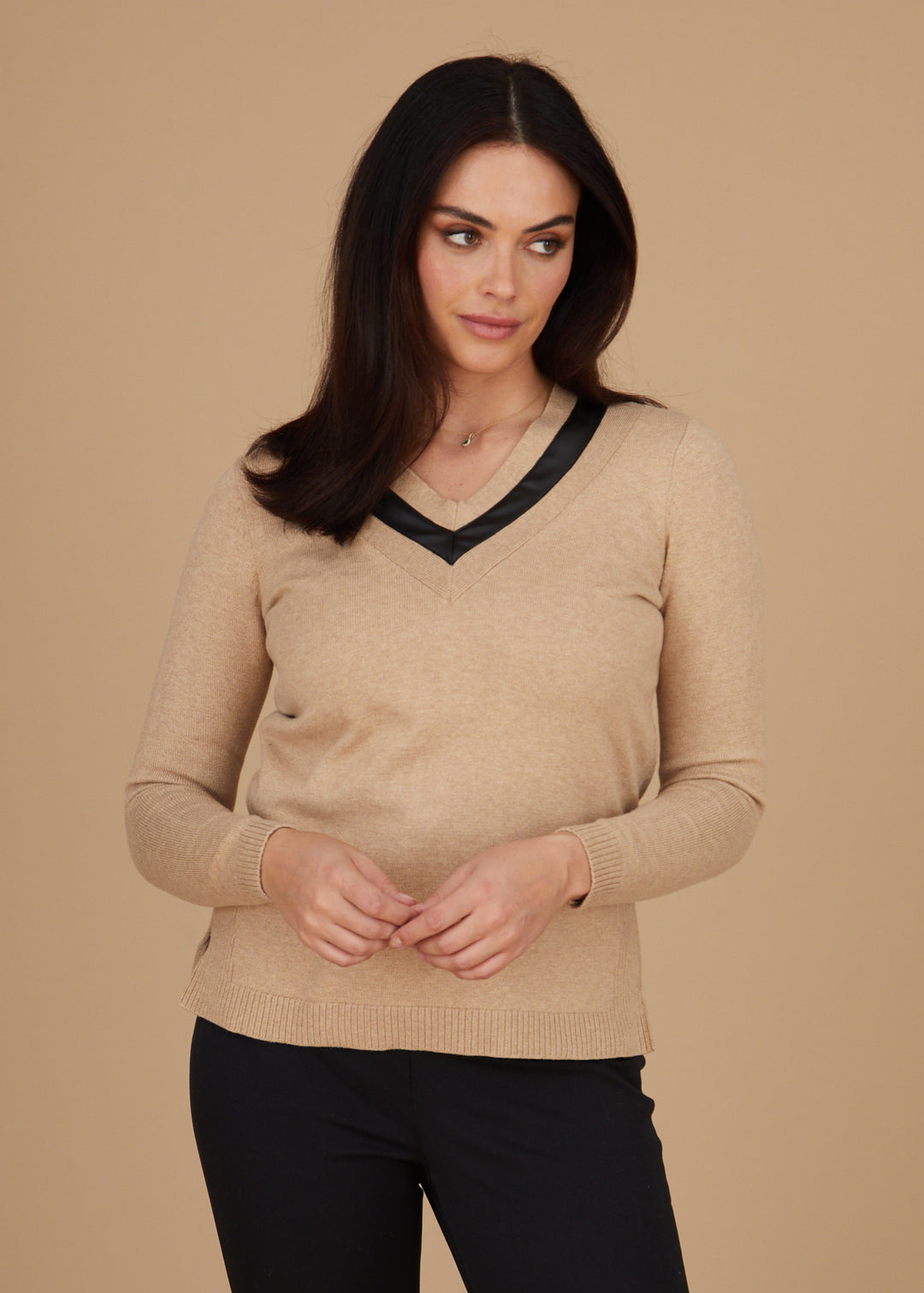 Leather Trim V-Neck Sweater: FINAL SALE